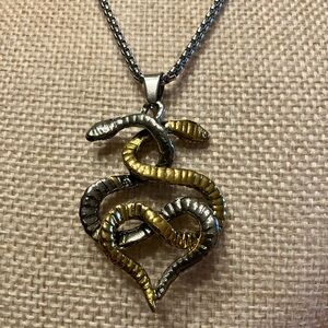 GOLD AMD SILVER NECKLACE INTERTWINED SNAKES ON SILVER CHAIN